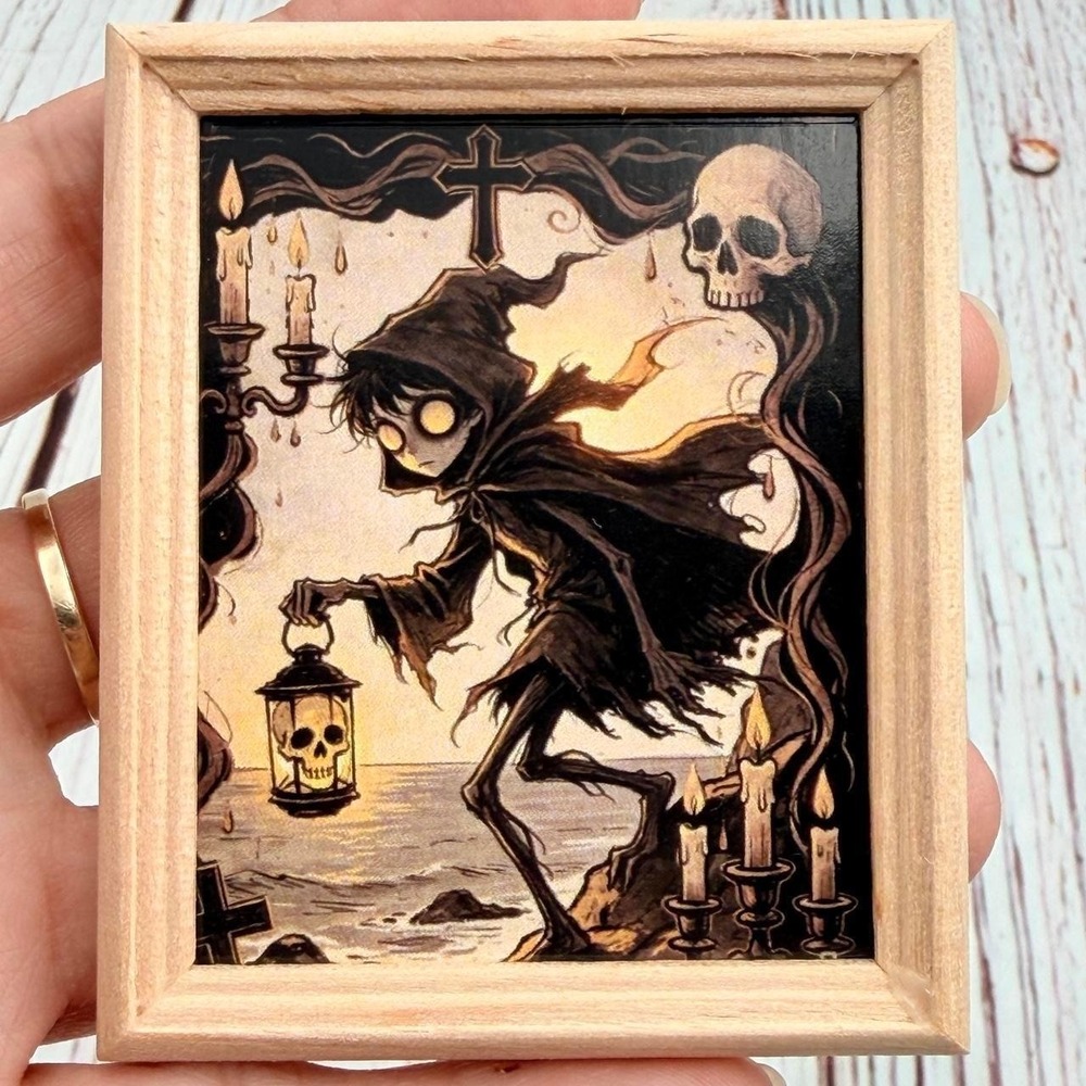 Gothic Dark Fantasy Mini Framed Art Magnet Upcycled Wood Frame Skull Lantern